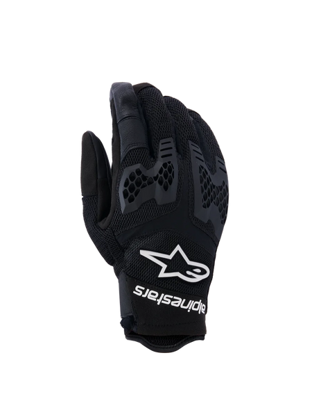 Alpinestars Manti Air Gloves, Motorcycle Riding Gloves, Black, featuring breathable mesh and textured honeycomb knuckle protection, white Alpinestars logo and text on the wrist, lightweight design for summer adventure riding