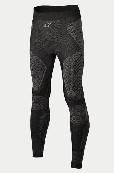 Alpinestars Ride Tech Bottom Winter, Motorcycle Base Layer Pants, Black and Gray, featuring dual-density knit panels with textured patterns, seamless construction, Alpinestars logos on the waistband and shins, designed for cold weather riding