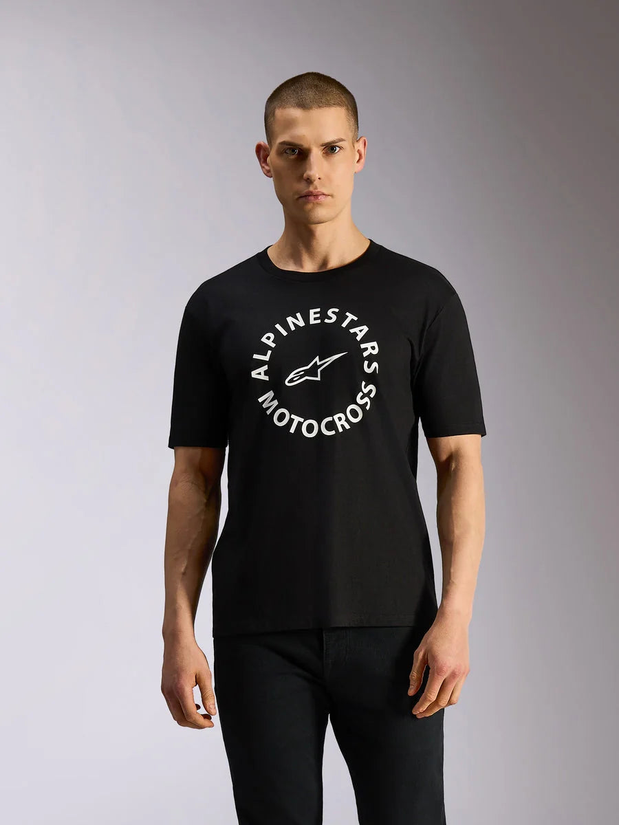 Alpinestars MX CSF Tee, Short Sleeve T-Shirt, Black, White circular Alpinestars Motocross graphic, casual motorsport streetwear