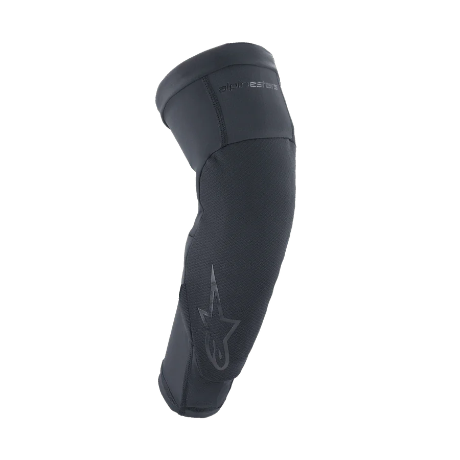 Alpinestars A-Motion Plasma Pro Elbow Protector, Black, ergonomic slip-on sleeve with textured impact-resistant panel, pre-curved shape for riding comfort, subtle Astar logo and branding, breathable stretch mesh construction for MTB and off-road cycling