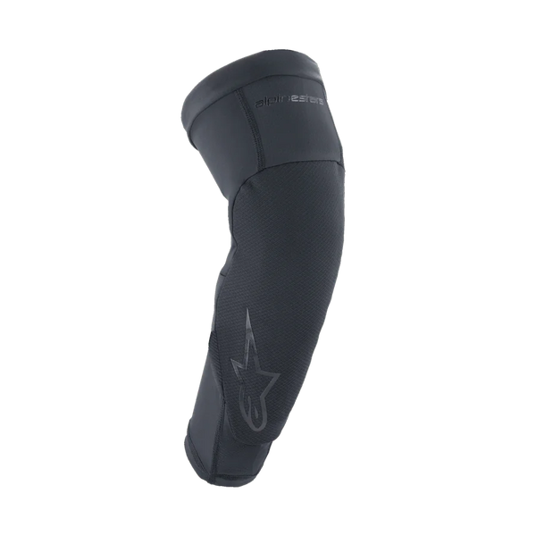 Alpinestars A-Motion Plasma Pro Elbow Protector, Black, ergonomic slip-on sleeve with textured impact-resistant panel, pre-curved shape for riding comfort, subtle Astar logo and branding, breathable stretch mesh construction for MTB and off-road cycling