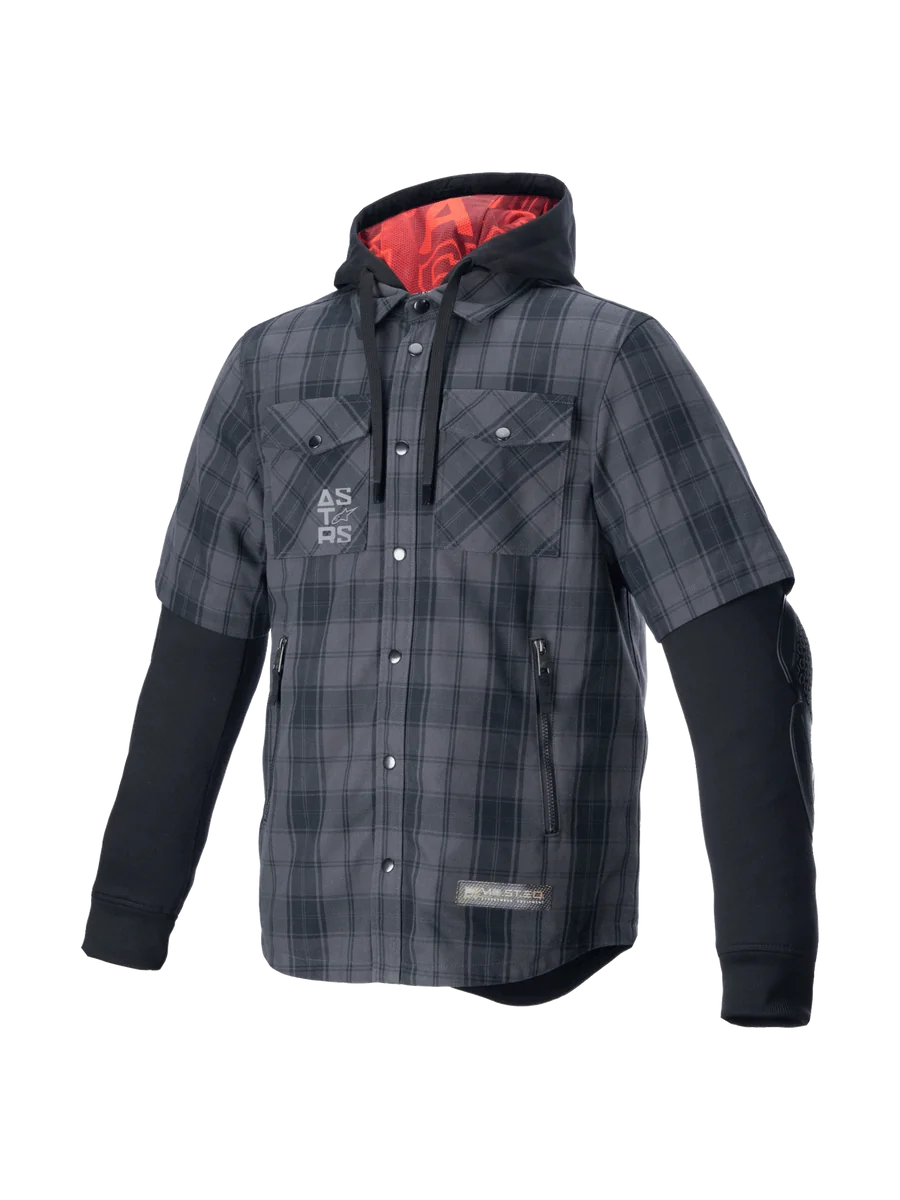 Alpinestars MO.ST.EQ Tartan Shirt, gray and black armored riding garment with a red-lined hood for urban motorcycle style.