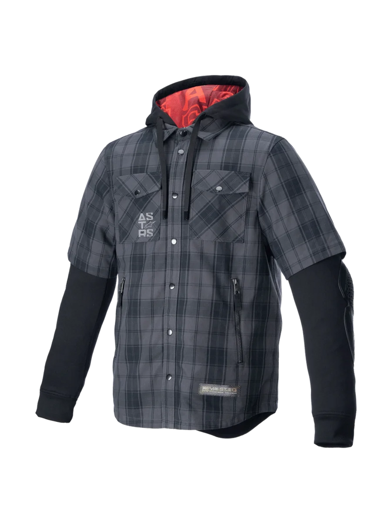 Alpinestars MO.ST.EQ Tartan Shirt, gray and black armored riding garment with a red-lined hood for urban motorcycle style.