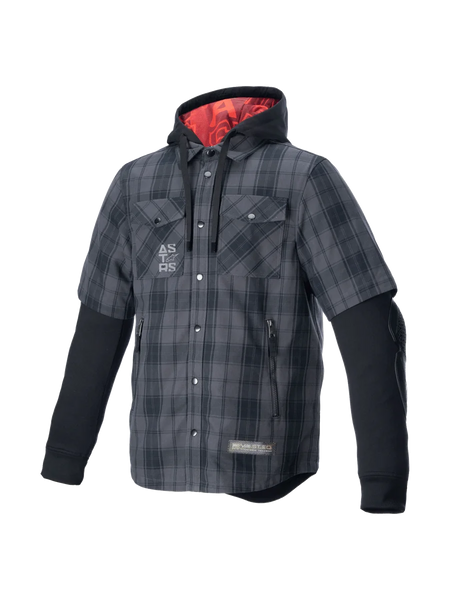 Alpinestars MO.ST.EQ Tartan Shirt, gray and black armored riding garment with a red-lined hood for urban motorcycle style.