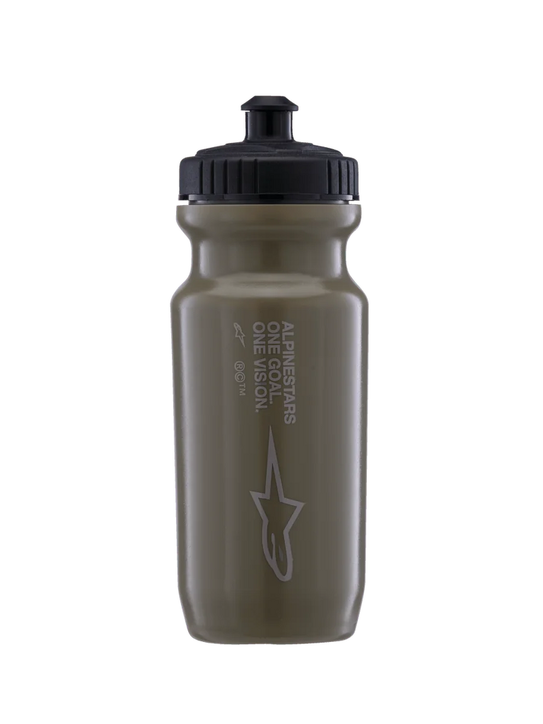 Alpinestars Water Bottle Ogov - 20Oz, Sports Water Bottle, Military Green with Black Cap, matte finish with star logo and "One Goal One Vision" vertical text, ridged grip cap with hands-free valve spout