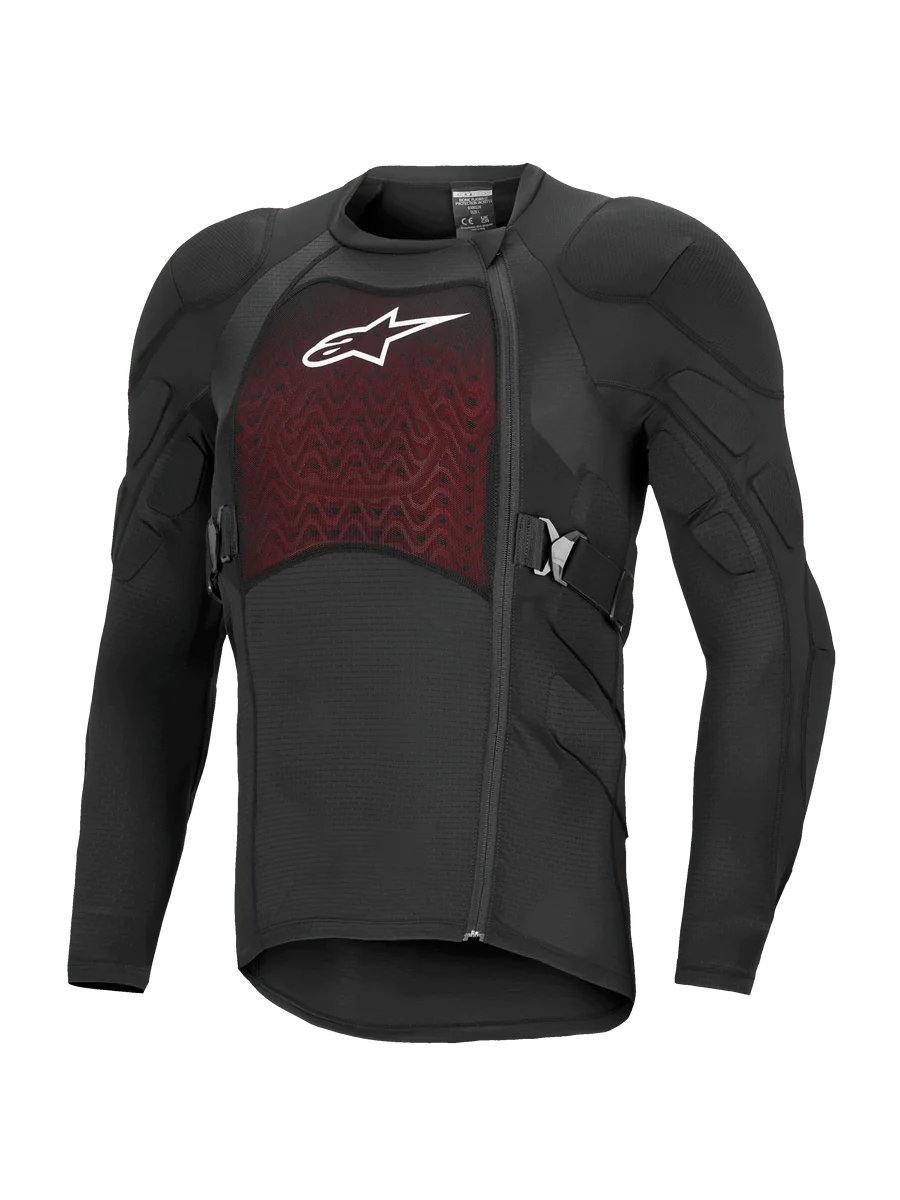 Alpinestars Bionic Plasma LT Protection Jacket Long Sleeve, Black and Red, off-road motorcycle protective gear with padded shoulders and elbows, breathable mesh chest panel with white logo, offset side zipper, and adjustable side belts.