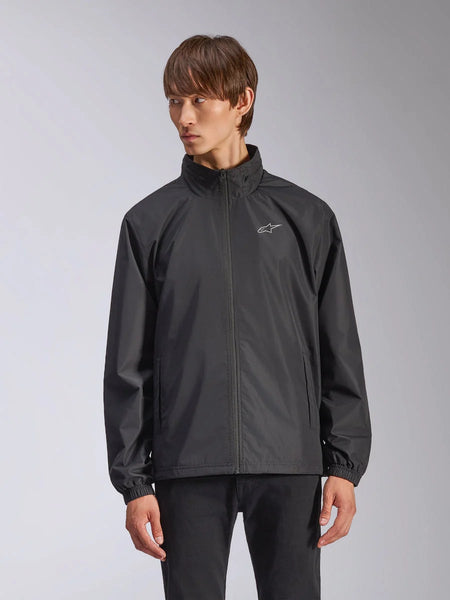 Alpinestars Overhaul Racer Jacket, Men's Black Rain Shell Jacket, featuring a high collar and full-length front zipper, small white logo on chest, elasticated cuffs, smooth water-resistant fabric, minimalist motorsport-inspired design
