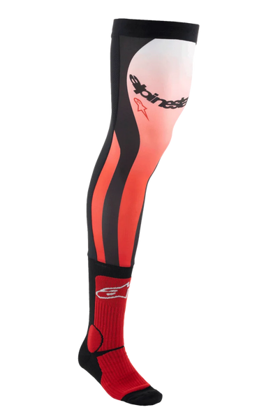 Alpinestars Knee Brace Socks, Long Motocross Riding Socks, Bright Red White and Black, knee-high technical design with gradient pattern and bold branding, ribbed texture for secure fit, specifically engineered for use with off-road boots and knee braces