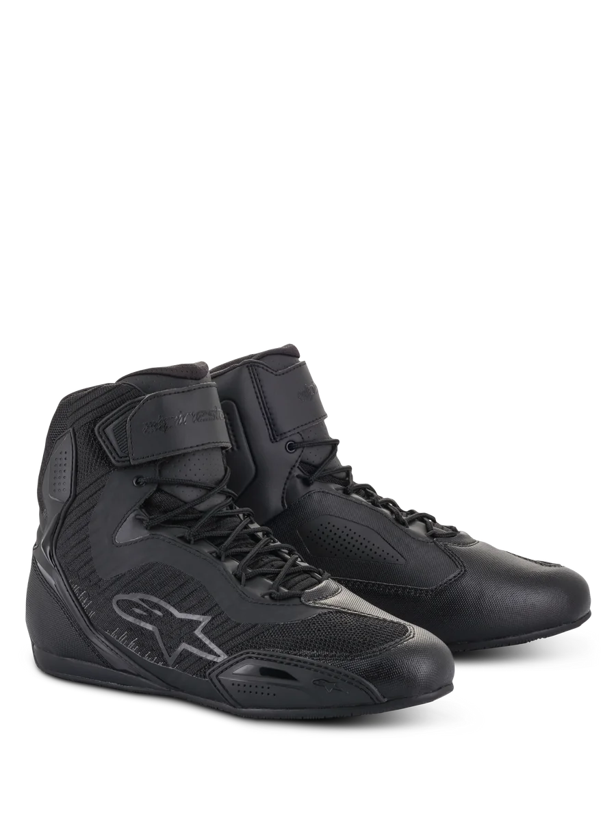 Alpinestars Women Stella Faster-3 Rideknit Shoes, high-top motorcycle riding shoes in Black Anthracite, features seamless knitted construction for breathability, lace-up closure with Velcro ankle strap, Alpinestars logo on the side, reinforced protective panels, and a sleek, sporty design