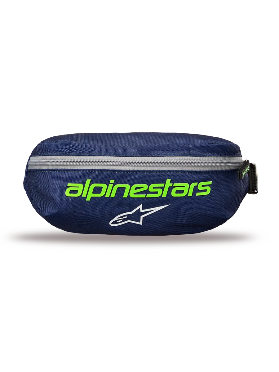 Alpinestars Only Linear Hip Bag, Navy Green waist pack, dark blue with bright green Alpinestars text and white star logo, horizontal gray zipper, durable polyester construction, compact accessory for everyday use.