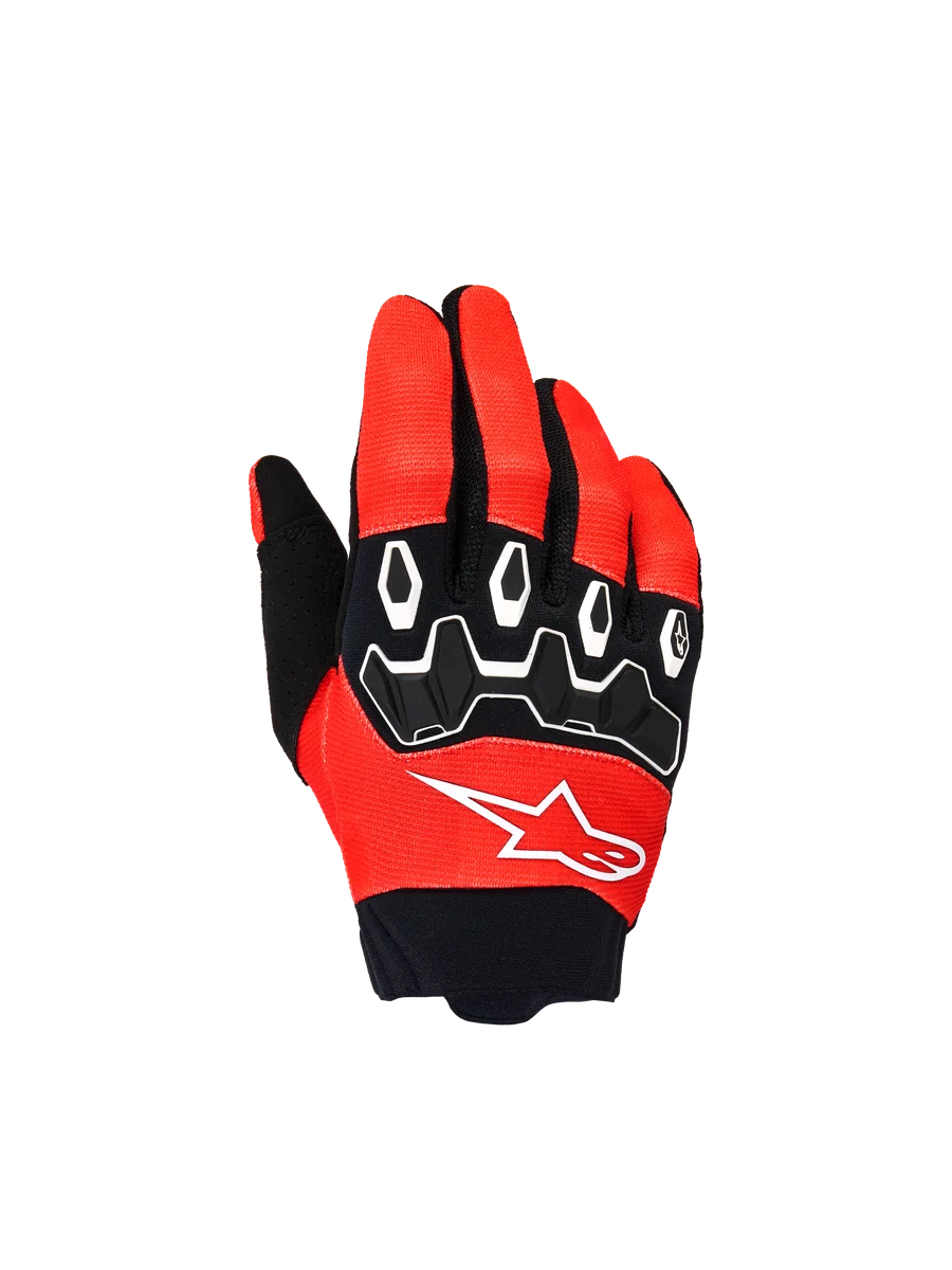 Alpinestars Youth & Kids Full Bore V2 Gloves, Motocross Racing Gloves, Bright Red and Black, top view featuring black TPR knuckle protectors with white accents and white Astar logo, durable textile design for off-road riding