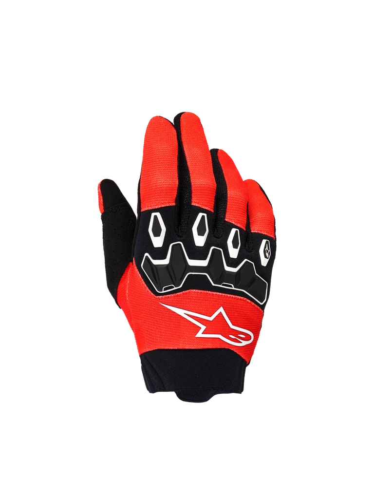 Alpinestars Youth & Kids Full Bore V2 Gloves, Motocross Racing Gloves, Bright Red and Black, top view featuring black TPR knuckle protectors with white accents and white Astar logo, durable textile design for off-road riding