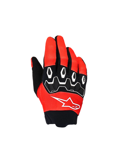 Alpinestars Youth & Kids Full Bore V2 Gloves, Motocross Racing Gloves, Bright Red and Black, top view featuring black TPR knuckle protectors with white accents and white Astar logo, durable textile design for off-road riding