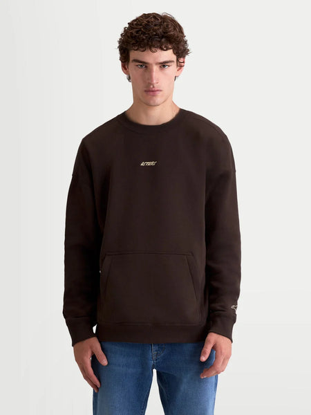 Alpinestars Guise Oversized Crew, Sportswear Fleece Pullover for everyday lifestyle, Unisex relaxed fit shown on model, Brown, Cotton and Recycled Polyester, featuring a kangaroo pocket and embroidered Alpinestars logo branding on chest and sleeve for a premium motorsport-inspired look.