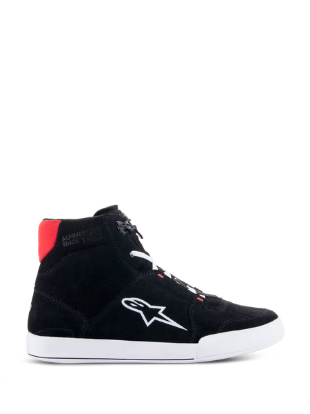 Alpinestars Chrome Riding Shoes in Black White Bright Red, urban casual high-top motorcycle shoe featuring a black split suede upper, white Astars logo on the side, white sole, and bright red heel collar accent.