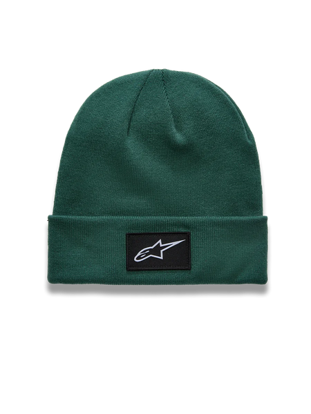 Alpinestars Augment Cuff Beanie, green knit jersey sportswear hat with a black star logo patch on the folded cuff.