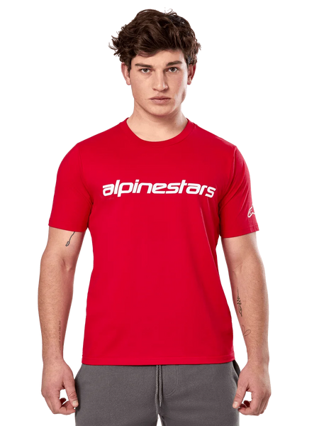 Alpinestars Linear Wordmark 2.0 CSF Tee, Short Sleeve T-Shirt, Red, White linear wordmark on chest and Ageless logo on sleeve, worn by male model with gray sweatpants, casual motorsport-inspired streetwear