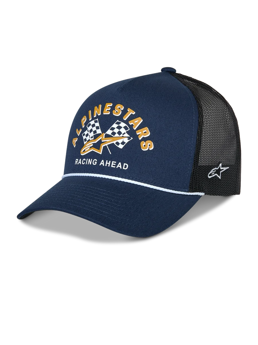 Alpinestars Finisher Trucker Hat, Navy Blue and Black, curved bill with white rope detail, front Alpinestars checker flags graphic with gold logo and "Racing Ahead" text, side Astars logo embroidery, casual motorsport headwear.