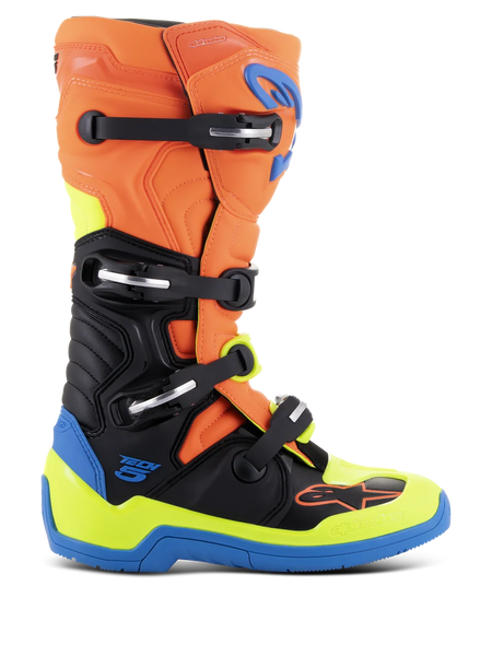 Alpinestars Tech 5 Boots, Motocross Racing Boots, Orange Fluo, Enamel Blue, and Yellow Fluo with Black, featuring a four-buckle system, microfiber construction with biomechanical pivot, and a reinforced blue sole.