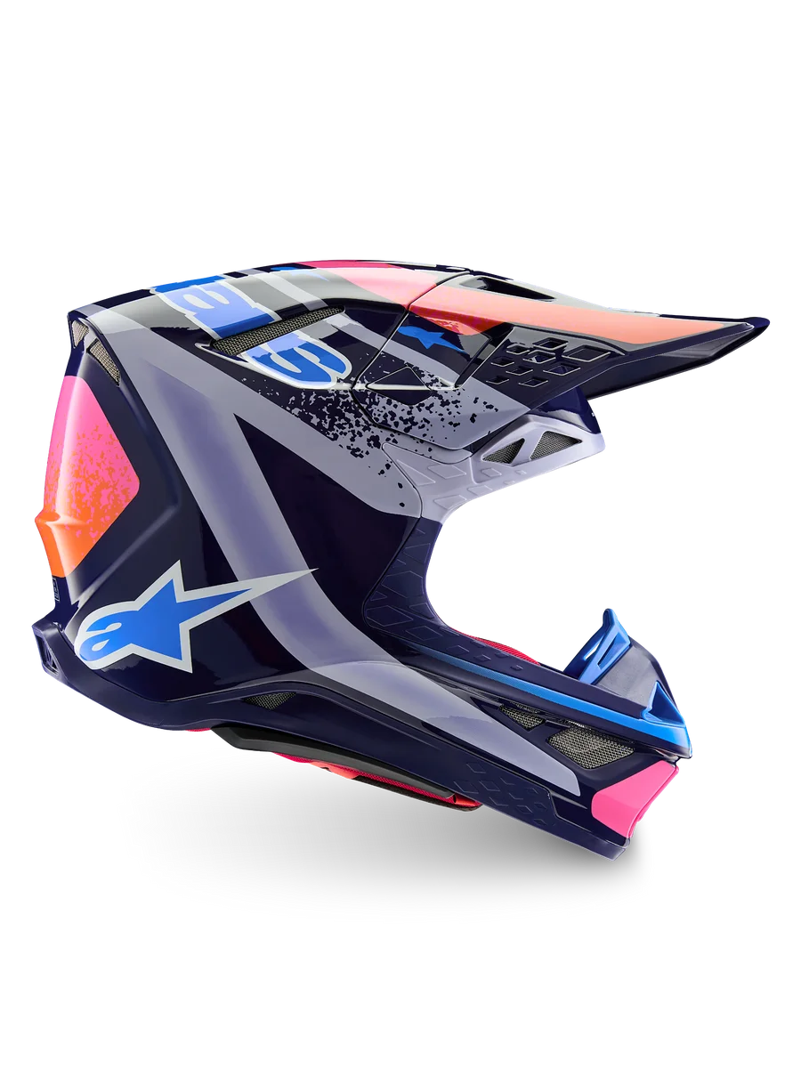Alpinestars Supertech M10 Records Helmet, Motocross Racing, Navy Blue and Pink Glossy Carbon Shell, ECE Certified.