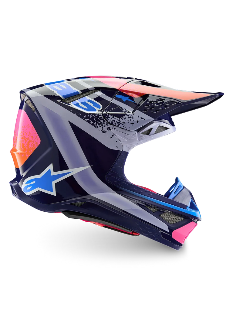Alpinestars Supertech M10 Records Helmet, Motocross Racing, Navy Blue and Pink Glossy Carbon Shell, ECE Certified.