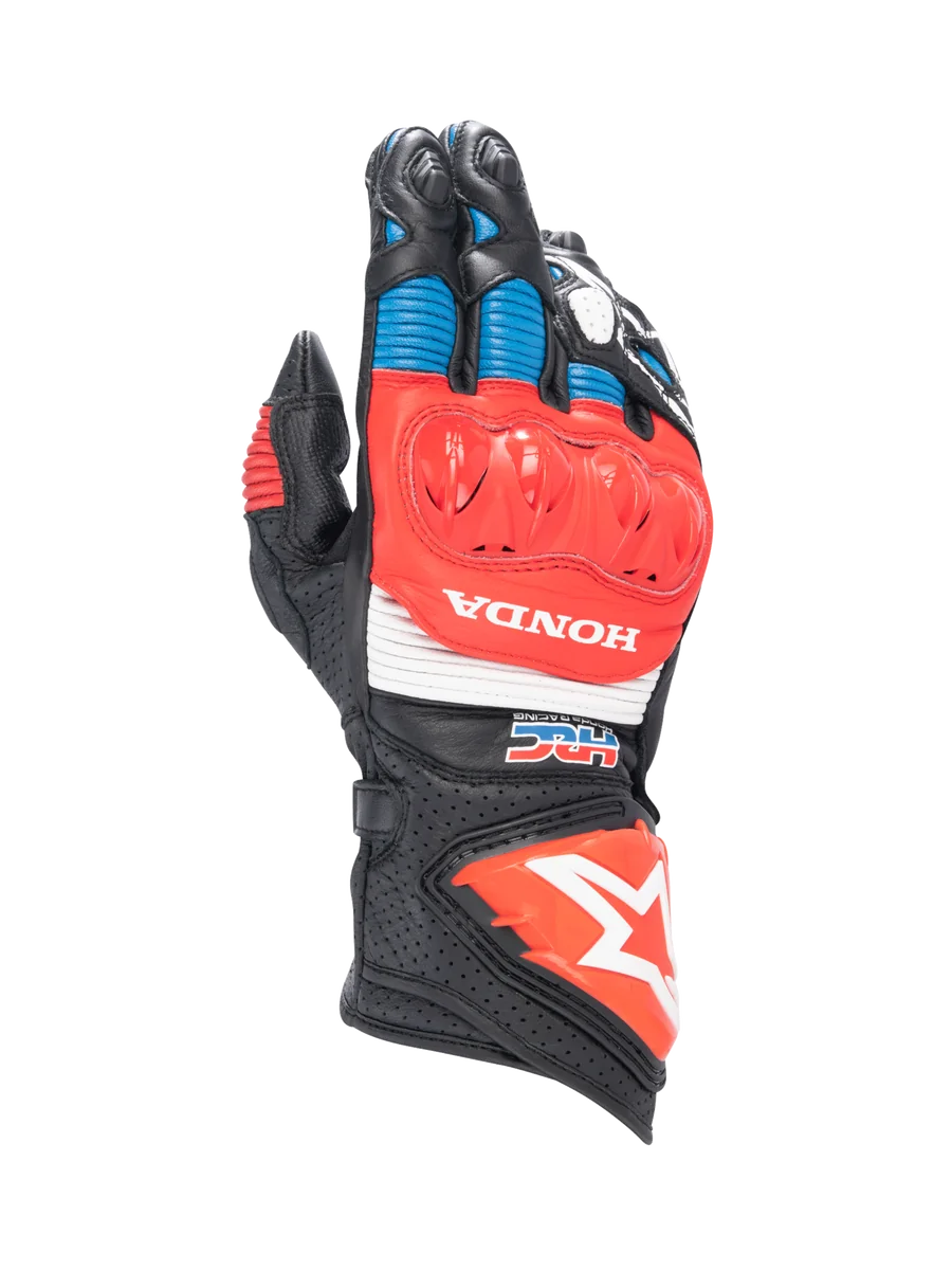 Alpinestars Honda GP Pro R3 Gloves, black and red leather motorcycle racing gauntlets with DFS knuckle protection.