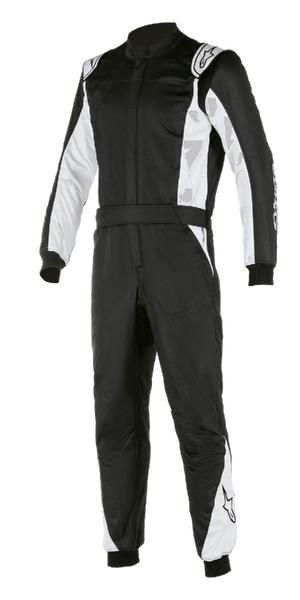 Alpinestars Atom FIA Suit, Auto Racing Suit, Black and Silver, featuring white panels on the sleeves and legs, shoulder epaulettes, waist belt, and ribbed cuffs, professional FIA-certified motorsport design