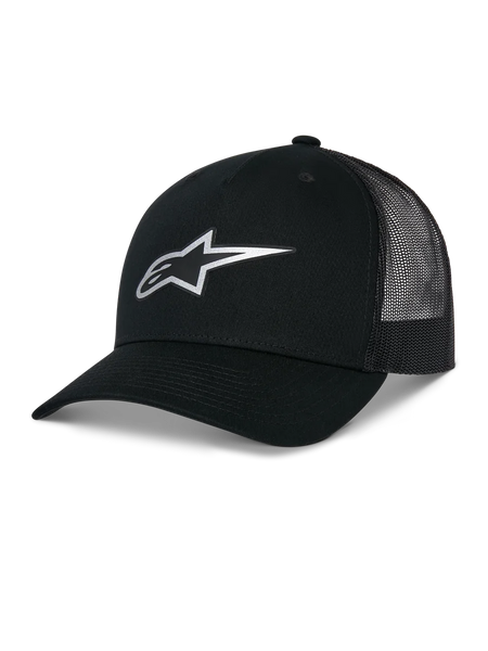 Alpinestars Reflect Ageless Trucker Hat, Black, featuring a reflective silver Astars logo on the front, curved brim and mesh back panels, structured crown, casual motorsport headwear