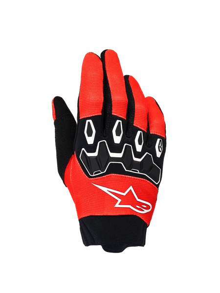 Alpinestars Full Bore V2 Gloves, Motocross Gloves, Orange and Black, backhand view showing black TPR knuckle protection with white outlines, white Alpinestars logo on breathable stretch fabric, designed for off-road performance.