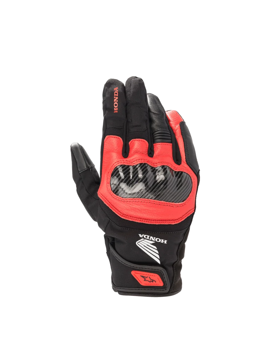 Alpinestars Honda SMX Z Drystar® Glove, waterproof road motorcycle glove, black and bright red leather with hard knuckles.