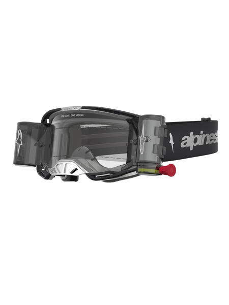 Alpinestars Vision 8 Amber Roll Off Goggles, motocross eyewear in black and silver with a clear roll-off lens system.