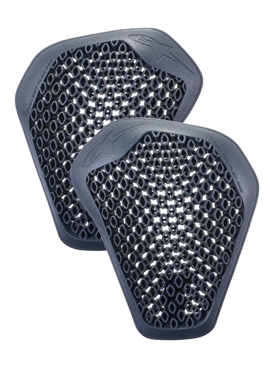 Alpinestars Nucleon Flex Pro Shoulder Protectors, pair of anthracite gray inserts with honeycomb cell structure, lightweight and ventilated ergonomic design for motorcycle riding jackets.
