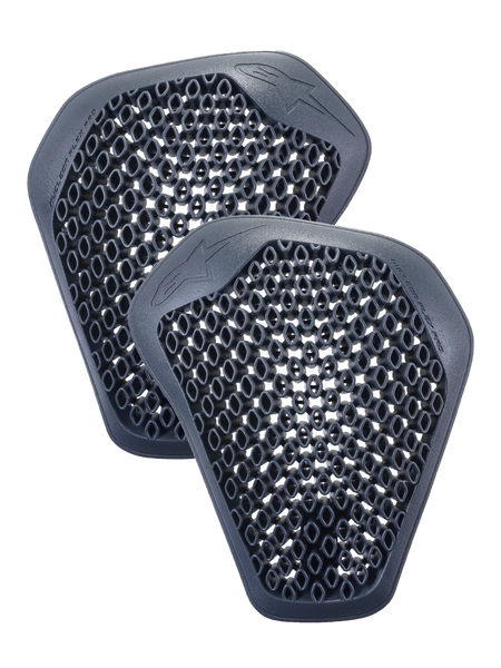 Alpinestars Nucleon Flex Pro Shoulder Protectors, pair of anthracite gray inserts with honeycomb cell structure, lightweight and ventilated ergonomic design for motorcycle riding jackets.