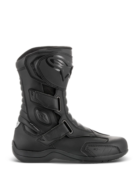 Alpinestars Radon Drystar® Boots, Black Waterproof Motorcycle Touring Boots, side profile view featuring three adjustable hook-and-loop straps, protective TPU shin plate with Alpinestars logo, reinforced ankle protection, and durable vulcanized sole.