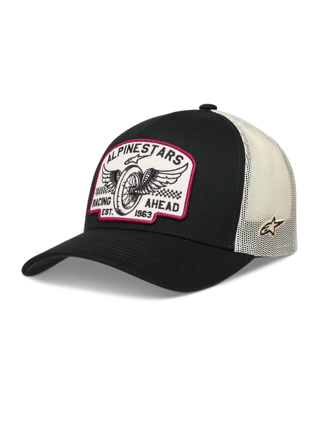 Alpinestars Heritage Patch Trucker Hat, black and natural mesh cap with vintage racing logo patch.