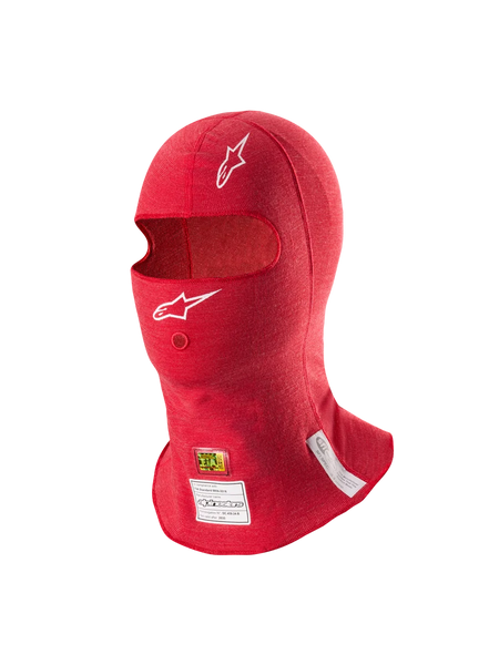 Alpinestars ZX Evo V3 Balaclava, Red, Flame-Resistant Auto Racing Head Layer, featuring white Astars logos, hydration tube opening, and FIA and SFI certification labels on the bottom edge.
