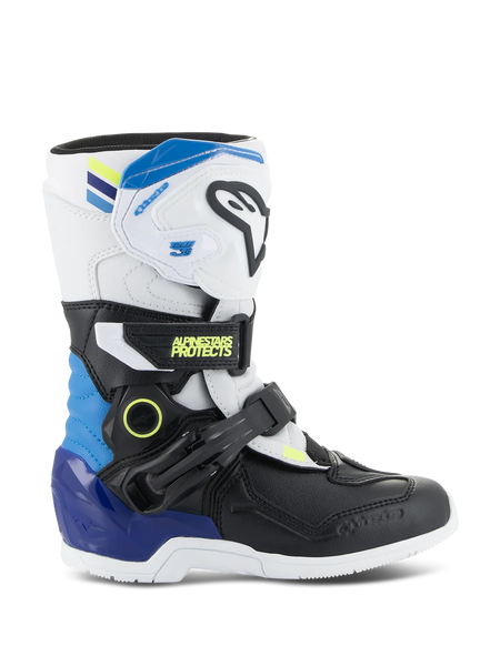 Alpinestars Kids Tech 3S Boots, Youth Motocross Boots, White and Black with Enamel Blue and Yellow accents, side view showing protective buckle straps and rugged sole, off-road racing footwear