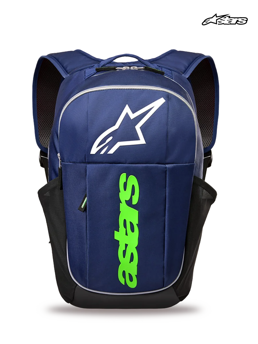 Alpinestars GFX Boss Backpack, sportswear backpack, navy and green, featuring 600D polyester construction, 20L capacity, and bold astars combo graphic branding