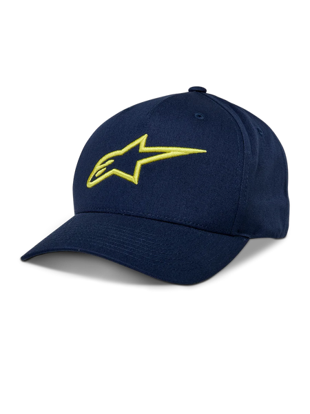 Alpinestars Ageless Snapback Hat, Navy Blue Baseball Cap with Hi-Vis Yellow 3D embroidered logo, curved brim, structured crown, casual sportswear headwear