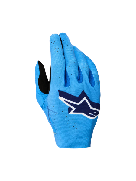 Alpinestars Supertech MX Gloves 2027, blue motocross racing gloves with a breathable stretch backhand and white logo.