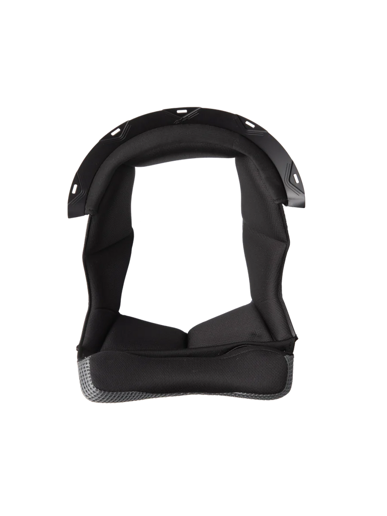 Alpinestars S-M7 Crown Pad, Black helmet liner with U-shaped design, cushioned interior with textured fabric, grey mesh material border, plastic snap-connection points, motorcycle helmet comfort and protection padding