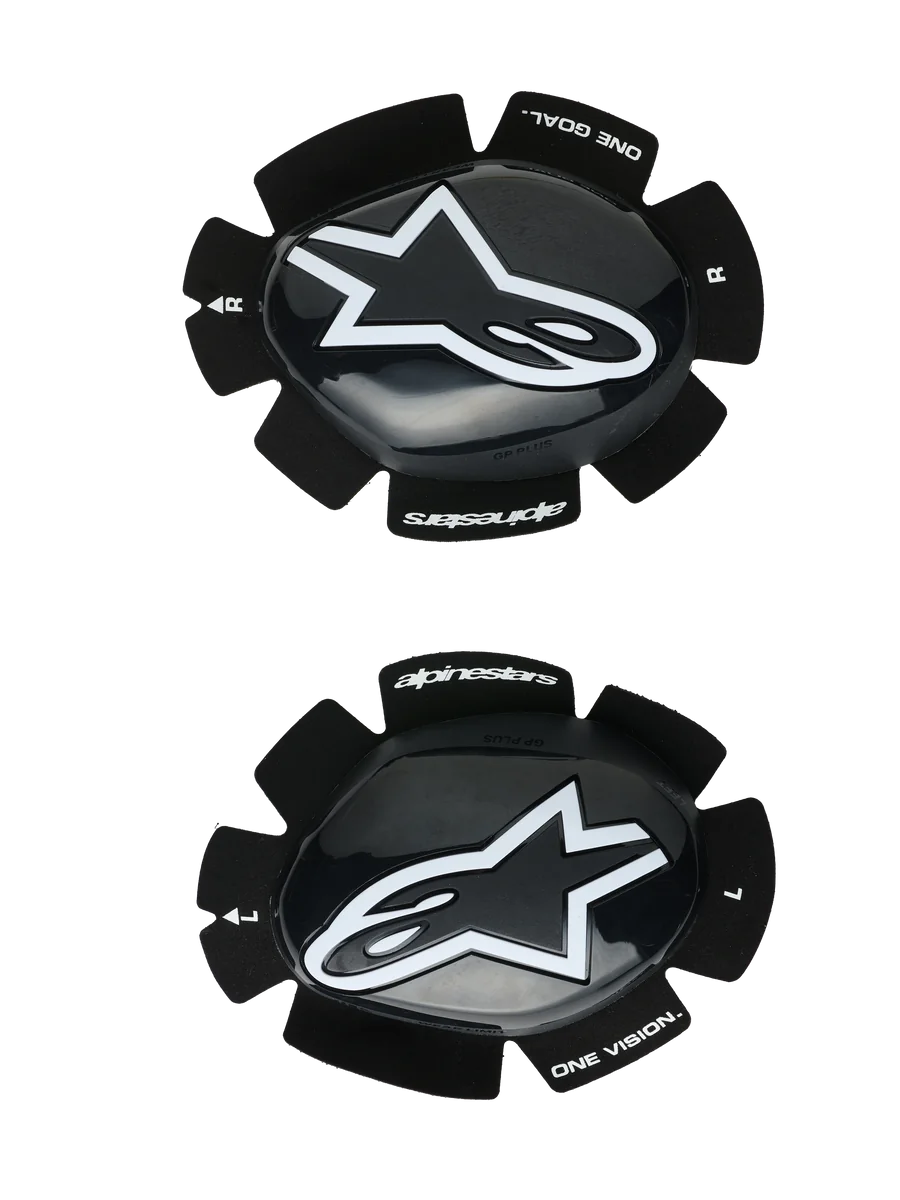 Alpinestars GP Plus Knee Sliders, Motorcycle Racing Knee Pucks, Black and White, glossy finish with white star logo, velcro attachment system, featuring "One Goal One Vision" branding, left and right set