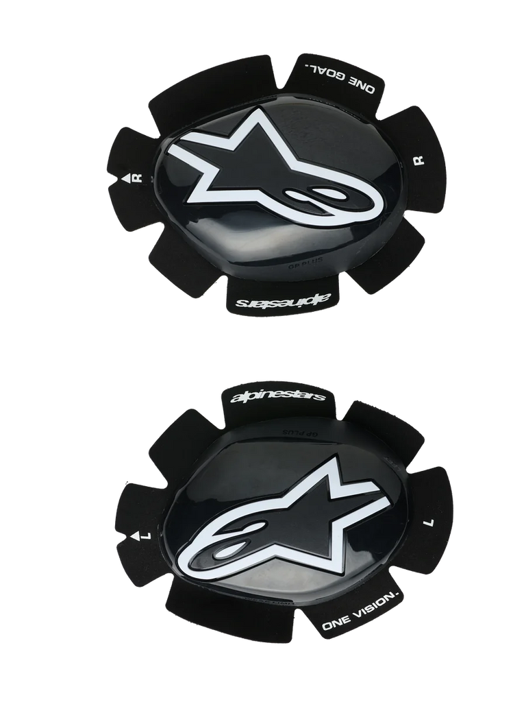 Alpinestars GP Plus Knee Sliders, Motorcycle Racing Knee Pucks, Black and White, glossy finish with white star logo, velcro attachment system, featuring "One Goal One Vision" branding, left and right set