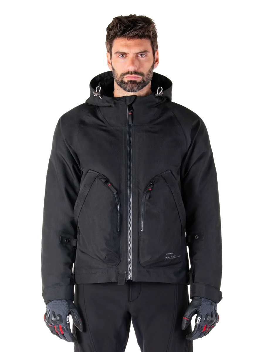 Alpinestars Morush Waterproof Parka, black men's urban motorcycle jacket with a hood and large zippered pockets.
