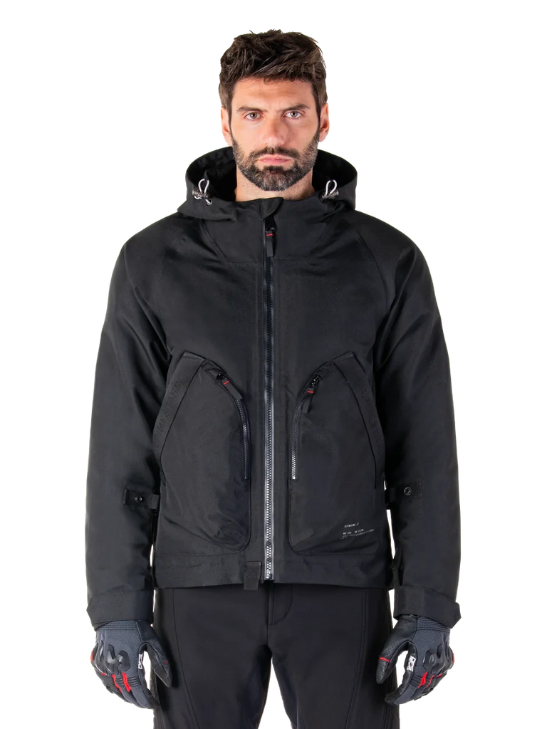 Alpinestars Morush Waterproof Parka, black men's urban motorcycle jacket with a hood and large zippered pockets.