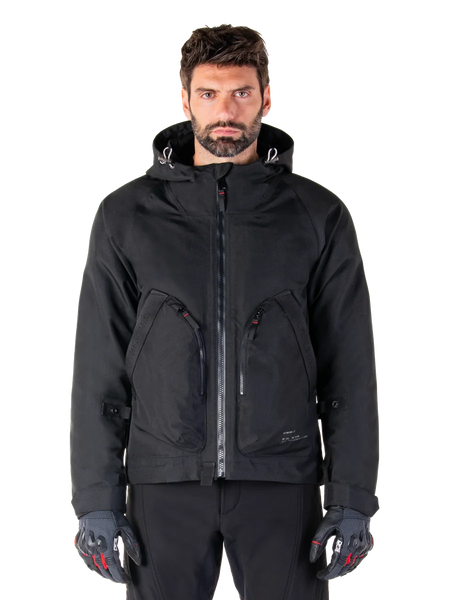 Alpinestars Morush Waterproof Parka, black men's urban motorcycle jacket with a hood and large zippered pockets.