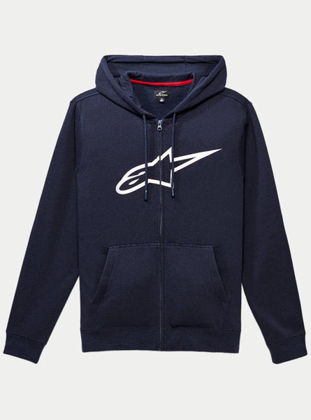 Alpinestars Ageless Zip V3 Hoodie, navy blue full-zip fleece hoodie with a large white Alpinestars logo on the chest, drawstring hood, front pouch pockets, casual motorsport-inspired streetwear