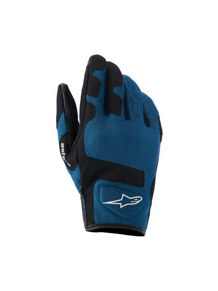 Alpinestars Ignite Gloves, Urban Motorcycle Gloves, Indigo Blue and Black, breathable mesh textile construction on the backhand, black reinforced panels over the knuckles, white A-star logo, short cuff design for urban street riding