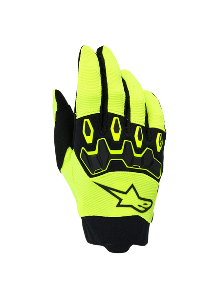 Alpinestars Full Bore V2 Gloves, Motocross Off-Road Gloves, Yellow Fluo and Black, featuring ergonomic TPR knuckle protection and Alpinestars star logo on the backhand, breathable stretch fabric with neoprene cuff