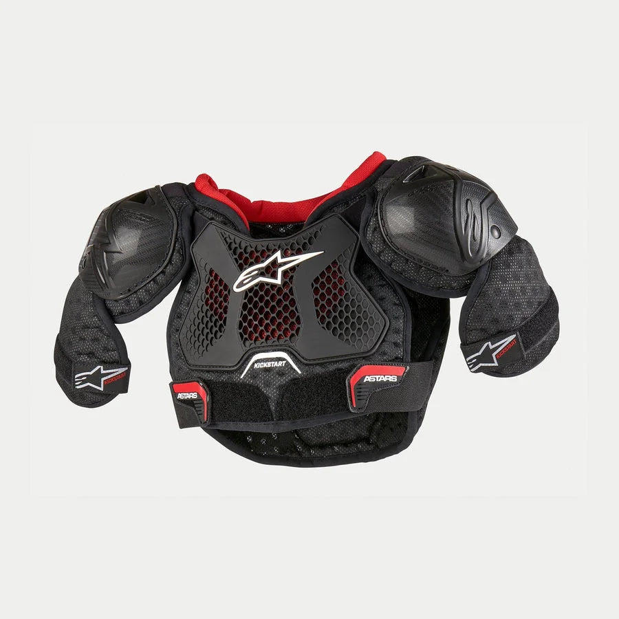 Alpinestars Youth Bionic Action Kickstart Chest Guard, Motorcycle Chest Protector, Black and Red, featuring semi-rigid TPR chest and shoulder guards, white Alpinestars logo, and ventilated mesh design for youth motocross racing